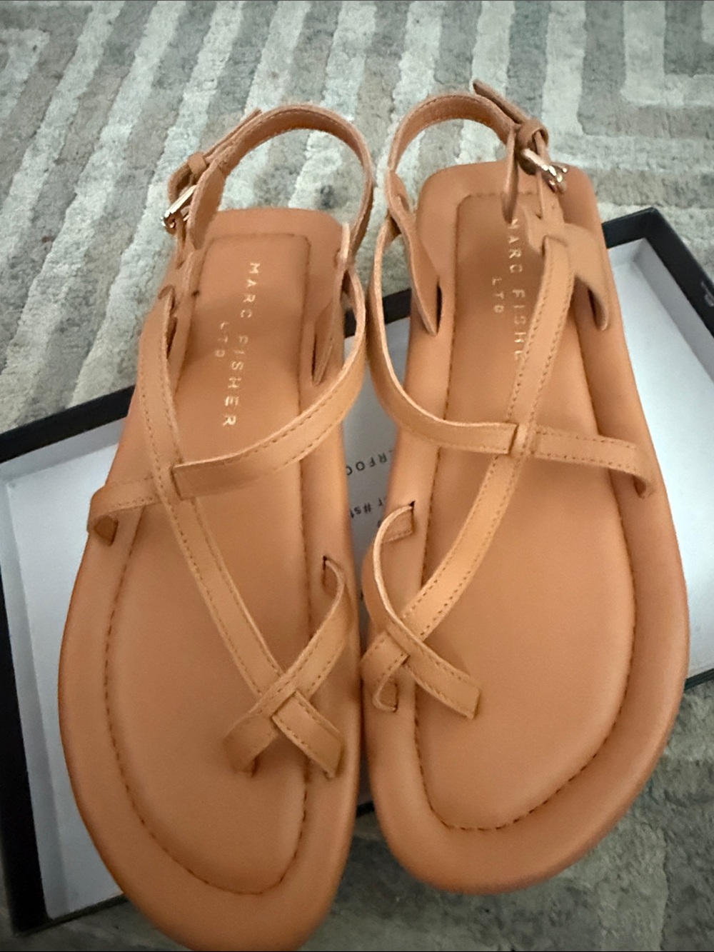 Marc Fisher Tan Strappy Leather Flat Sandals